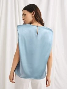 SHEIN Shoulder Pad Satin Top - Dusty Blue - View 2