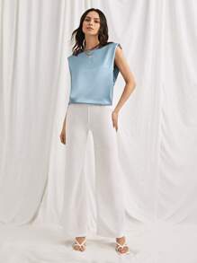 SHEIN Shoulder Pad Satin Top - Dusty Blue - View 3