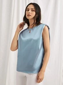 SHEIN Shoulder Pad Satin Top - Dusty Blue - View 4