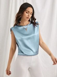 SHEIN Shoulder Pad Satin Top - Dusty Blue - View 5
