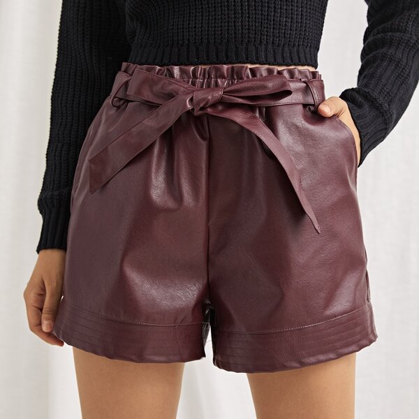 

Paperbag Waist Slant Pocket PU Leather Shorts, Maroon