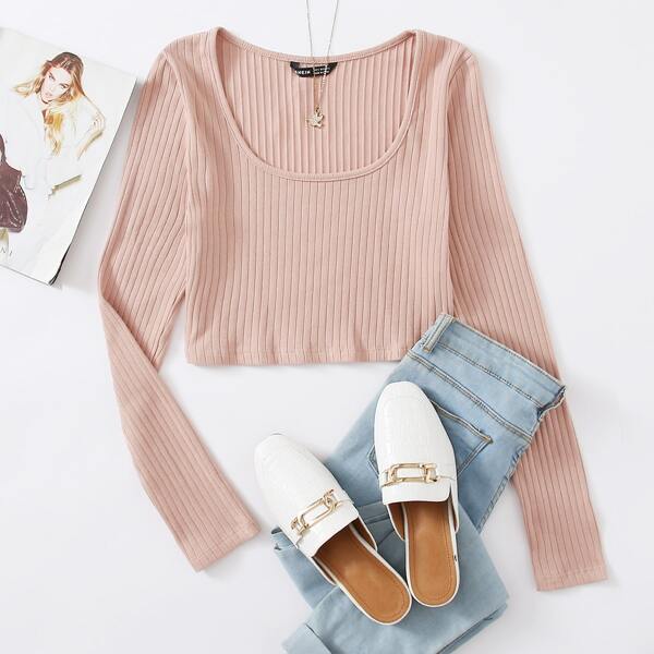 

Rib-knit Solid Crop Tee, Baby pink