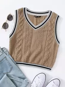 SHEIN EZwear Top tank tejido ribete de rayas - Caqui - Ver 1