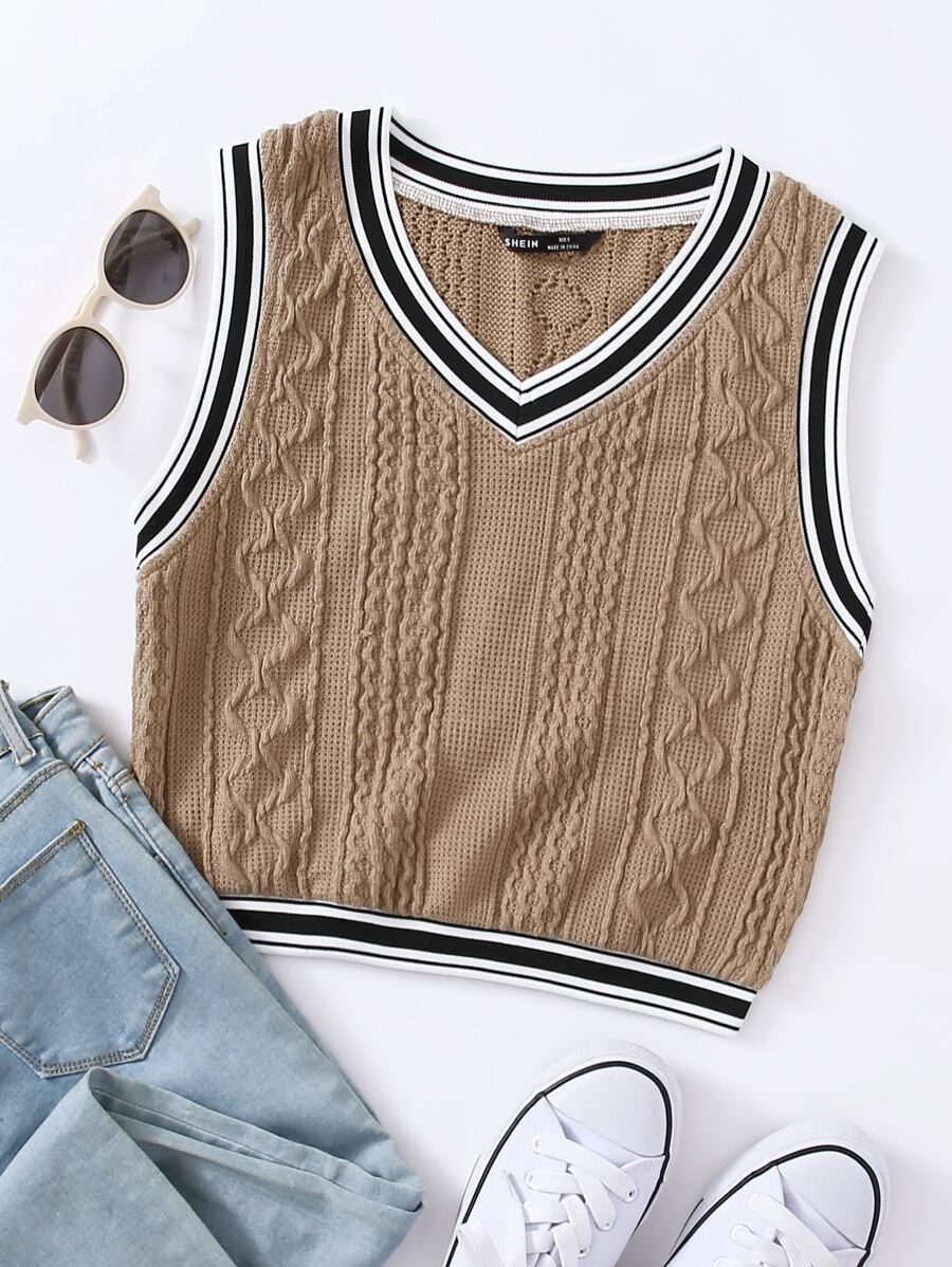 SHEIN EZwear Top tank tejido ribete de rayas - Caqui - Ver 1
