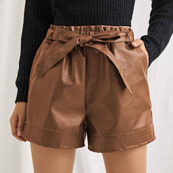 

Paperbag Waist Slant Pocket PU Leather Shorts, Mocha brown