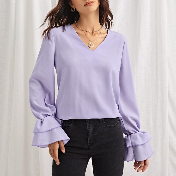 

V-neck Flounce Sleeve Solid Top, Lilac purple