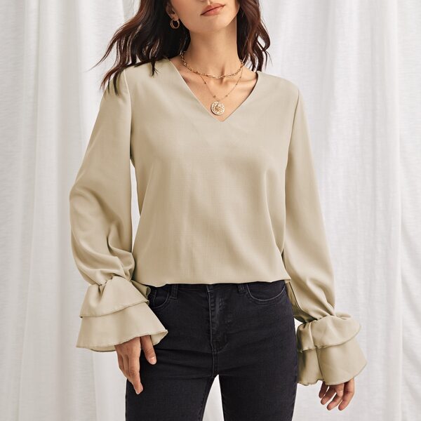 

V-neck Flounce Sleeve Solid Top, Khaki