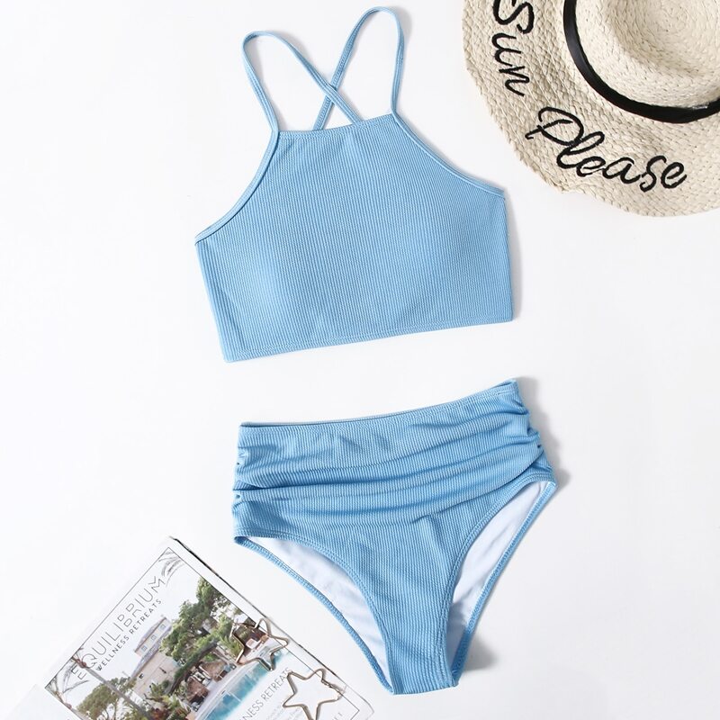 

Solid high Waist Bikini Swimsuit, Baby blue