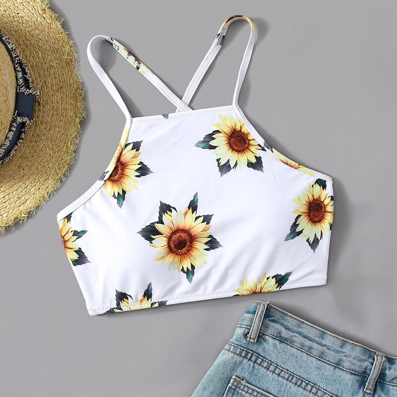 

Sunflower Print Bikini Top, White