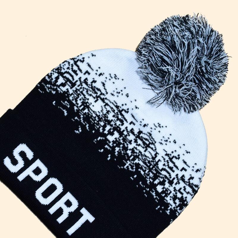 

Guys Letter Pom Pom Knit Beanie, Black and white