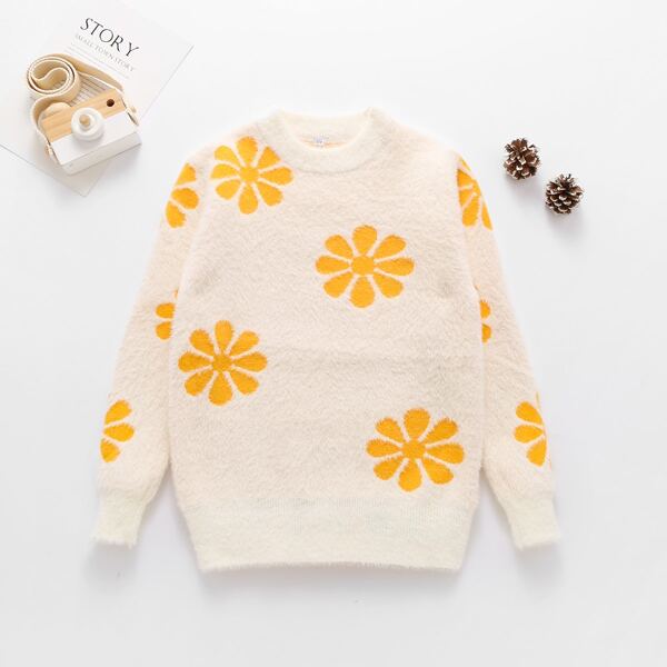 

Girls Floral Pattern Round Neck Sweater, Beige