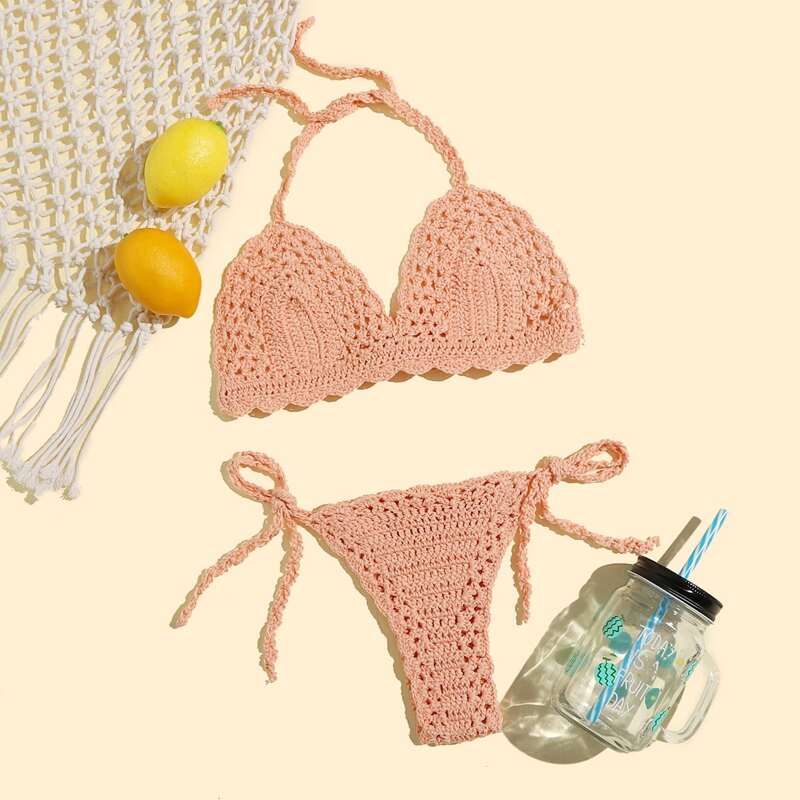 

Crochet Triangle Tie Side Bikini Swimsuit, Dusty pink