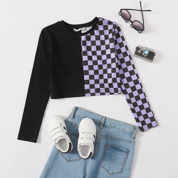 

Girls Checker Pattern Crop Tee, Multicolor