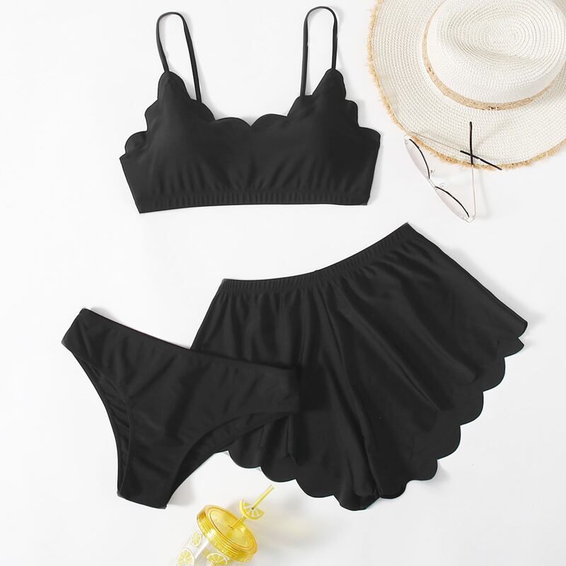

3pack Solid Scallop Trim Bikini Swimsuit, Black