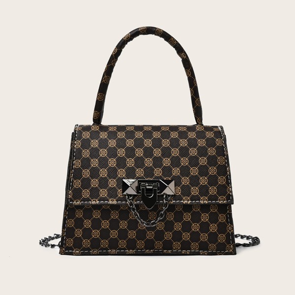 

Metal Lock Graphic Chain Satchel Bag, Brown