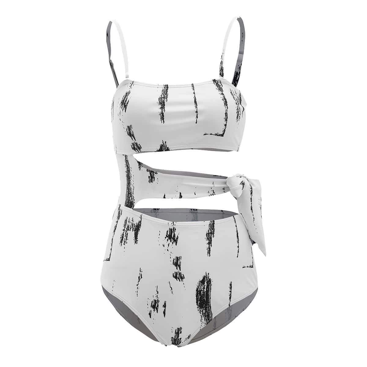 

Allover Print Tie Cut Out One Piece Swimsuit, White