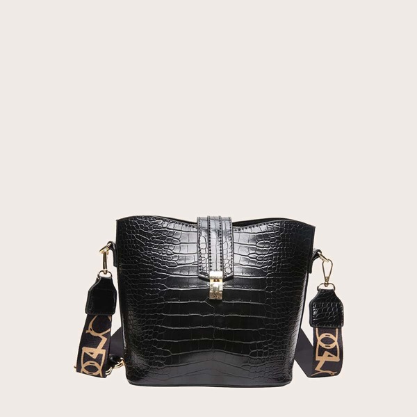 

Metal Lock Croc Embossed Bucket Bag, Black
