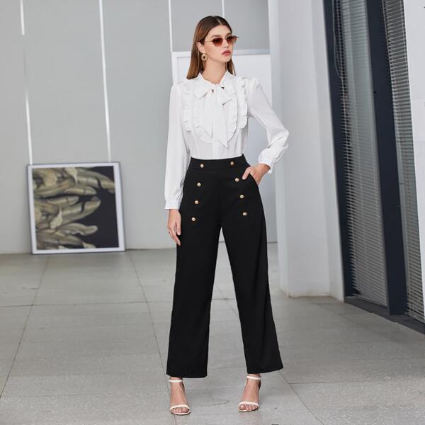 

Solid Ruffle Trim Tie Neck Blouse & Double Breasted Pants, Black and white
