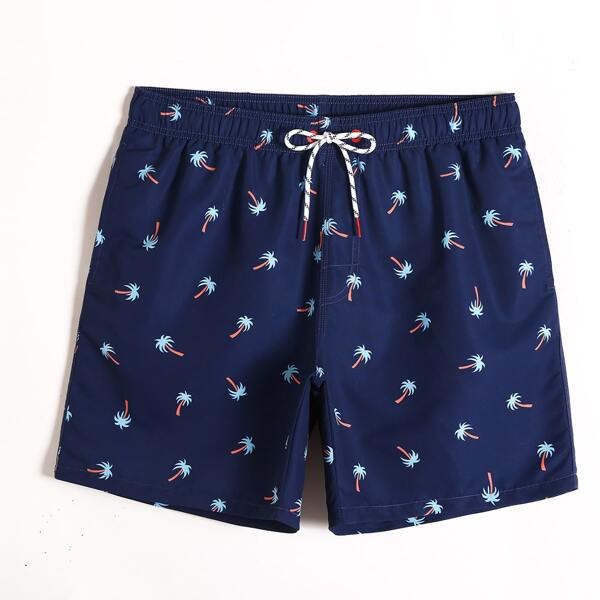 

Men Tropical Print Drawstring Swim Trunks, Navy blue