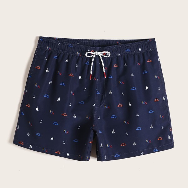 

Men Allover Print Drawstring Swim Trunks, Navy blue