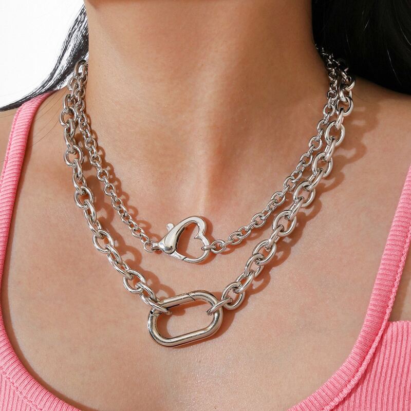 

2pcs Heart & Ring Chain Necklace, Silver