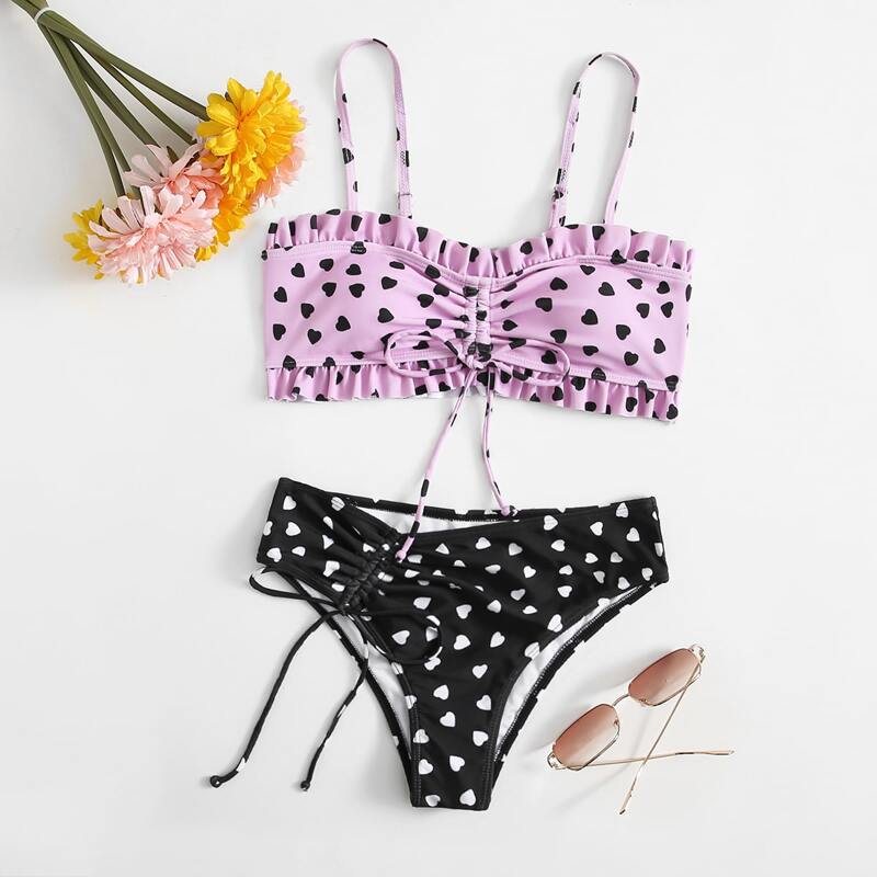 

Heart Print Drawstring Bikini Swimsuit, Multicolor