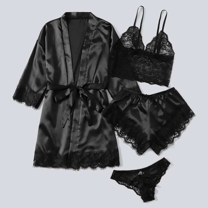 

4pack Floral Lace Lingerie Set With Satin Belted Robe, Black
