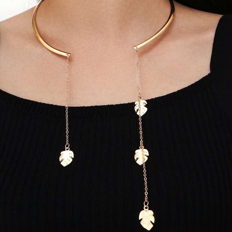 

Leaf Charm Open Collar Choker, Gold