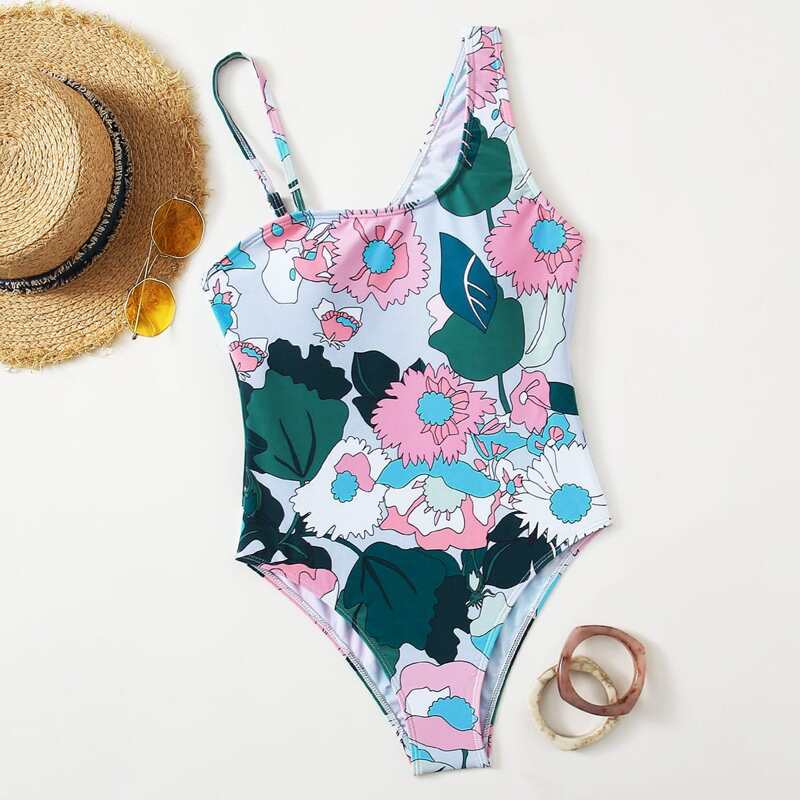 

Floral Asymmetrical Neck One Piece Swimsuit, Multicolor