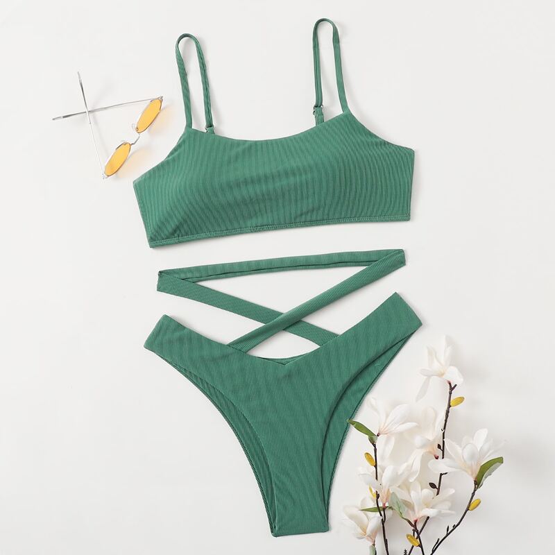 

Criss Cross High Cut Bikini Swimsuit, Green