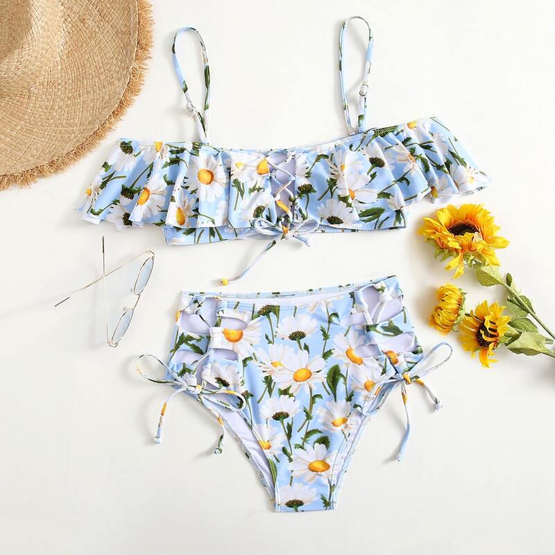

Daisy Print Lace Up Ruffle High Waist Bikini Swimsuit, Multicolor