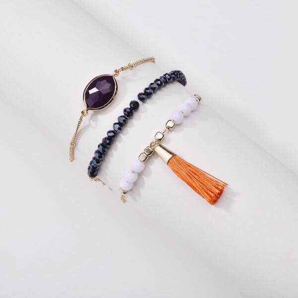 

3pcs Tassel Crystal Charm Bracelet, Multicolor