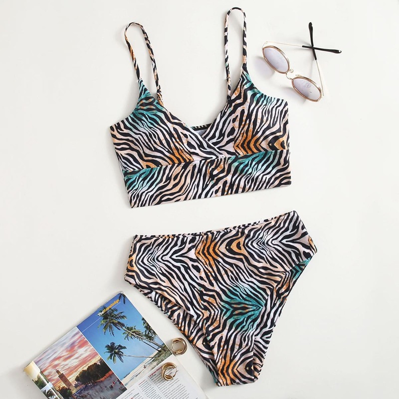 

Zebra Striped High Waist Bikini Swimsuit, Multicolor