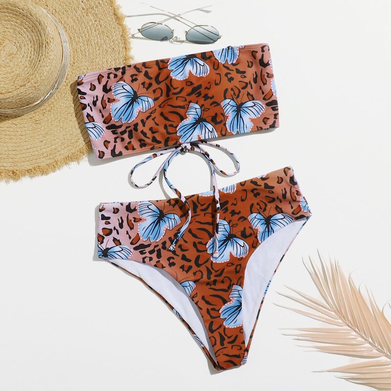 

Butterfly Print Lace Up Bikini Swimsuit, Multicolor