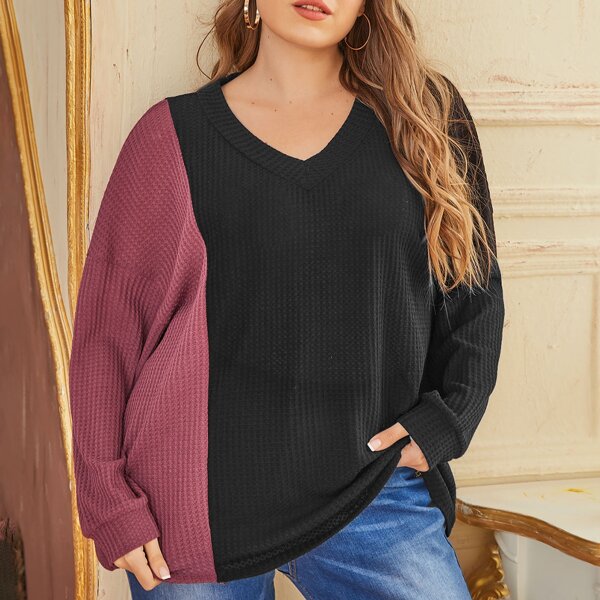 

Plus Two Tone Waffle Knit Top, Multicolor