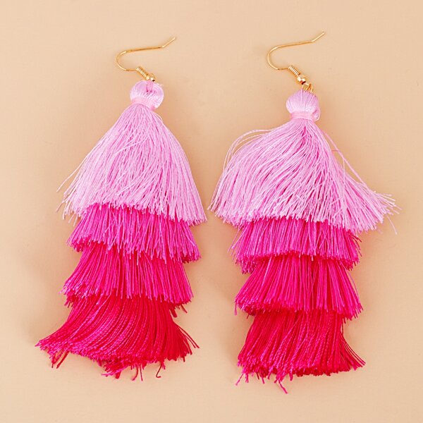 

Tiered Tassel Drop Earrings, Hot pink