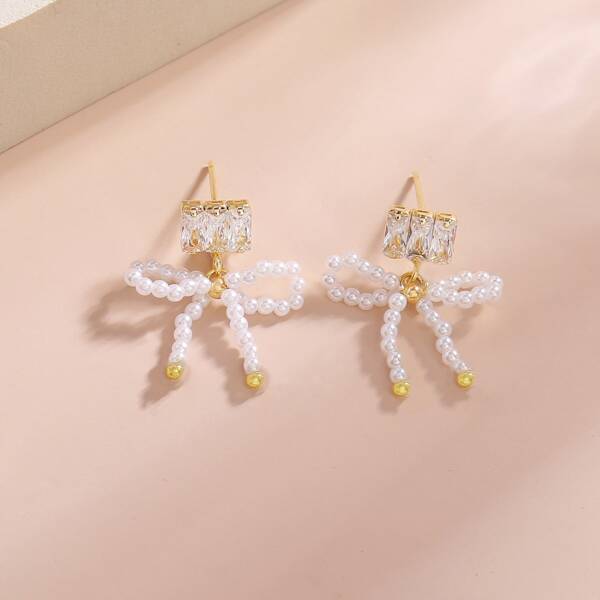 

Faux Pearl Bow Knot Drop Earrings, White