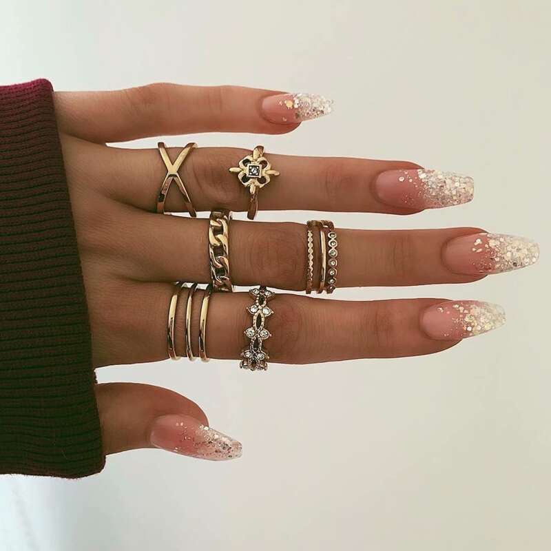

8pcs Rhinestone Ring Set, Gold
