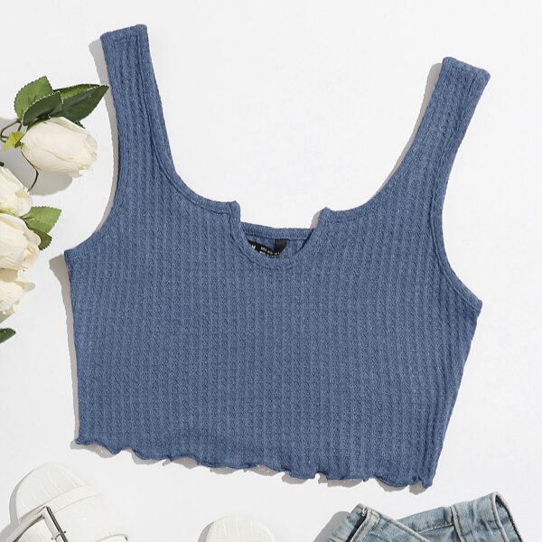 

Notch Neck Lettuce Hem Crop Tank Top, Dusty blue