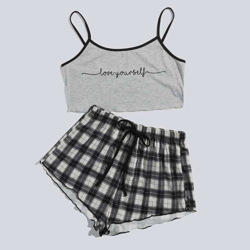 

Letter Print Cami & Plaid Shorts PJ Set, Multicolor