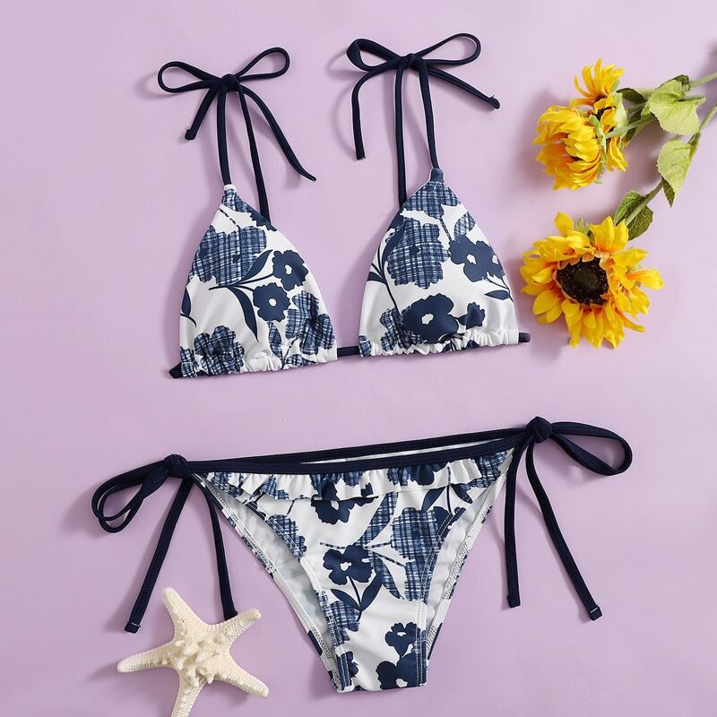 

Floral Triangle Tie Side Bikini Swimsuit, Multicolor