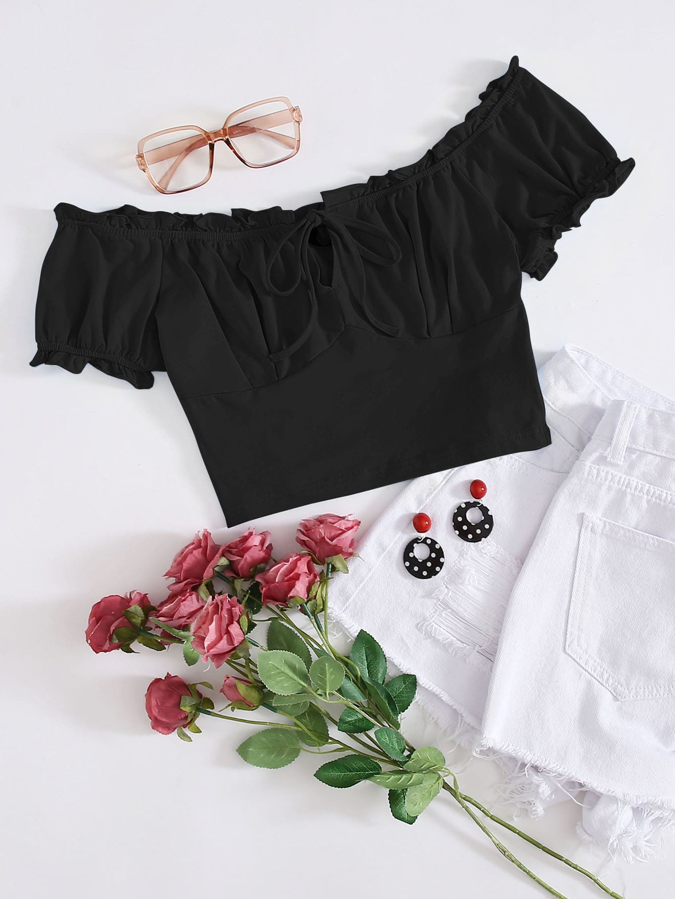 Off Shoulder Frill Trim Knot Front Top thumbnail