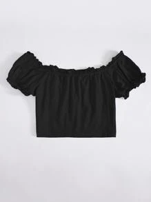 Muchica Áo nữ viền lá sen màu trơn Giải trí - màu đen - Xem 2