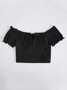 Muchica Áo nữ viền lá sen màu trơn Giải trí - màu đen - Xem 3