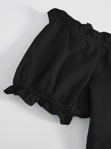 Muchica Áo nữ viền lá sen màu trơn Giải trí - màu đen - Xem 4