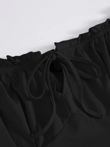 Muchica Áo nữ viền lá sen màu trơn Giải trí - màu đen - Xem 5