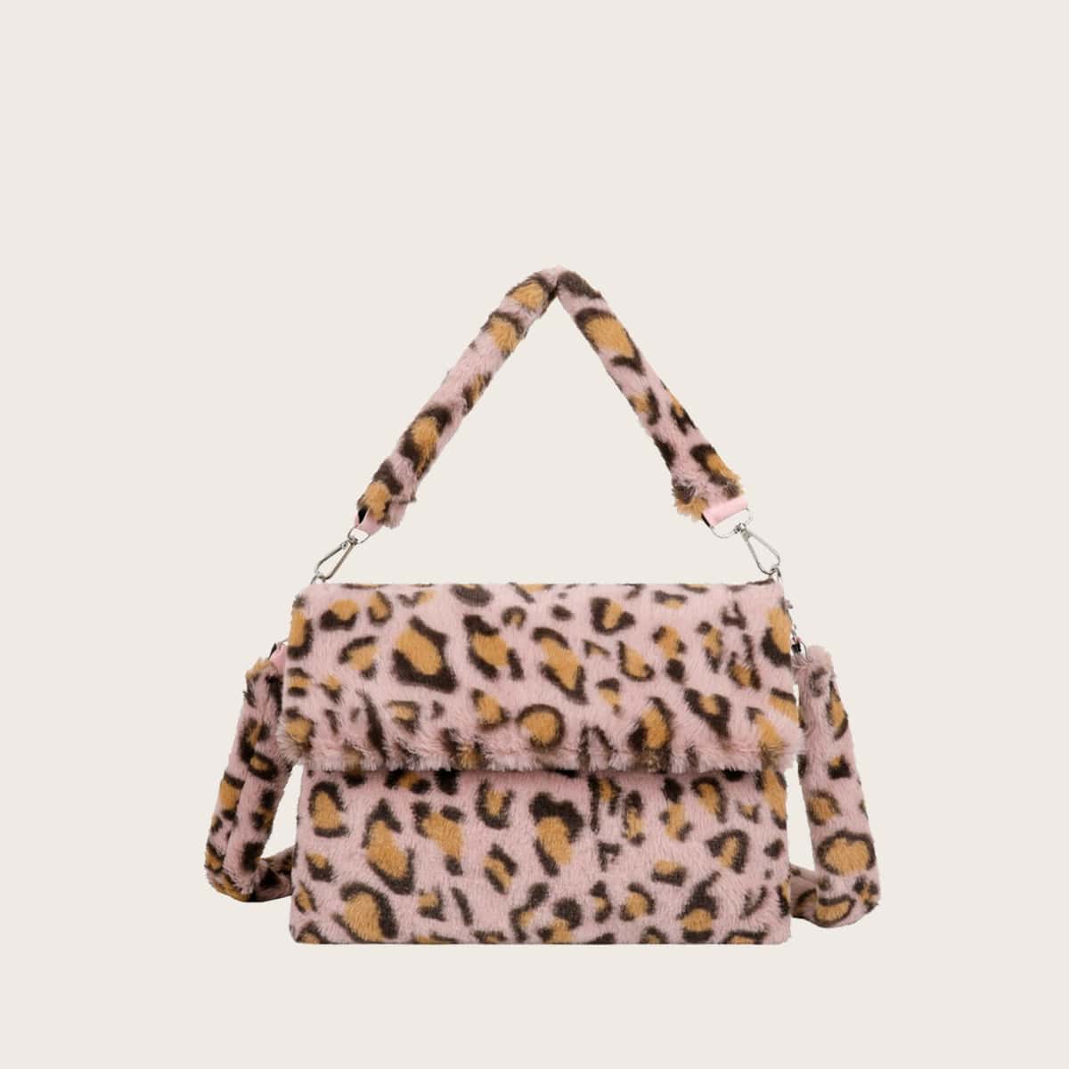 

Leopard Fluffy Satchel Bag, Pink
