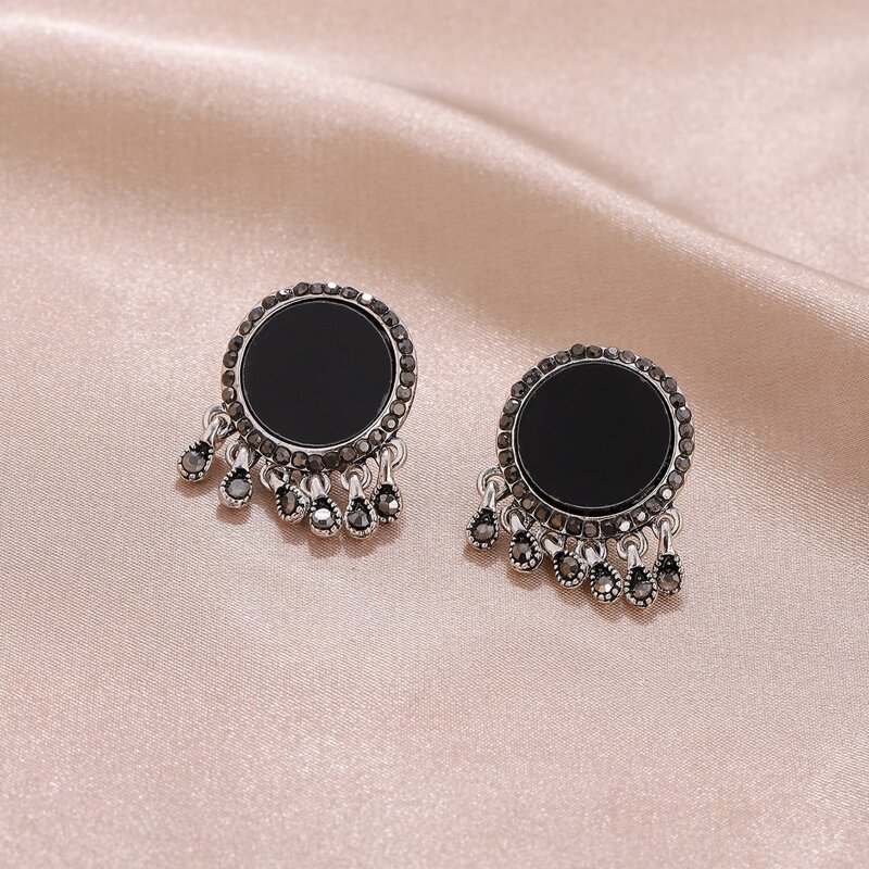 

Tassel Round Drop Earrings, Black