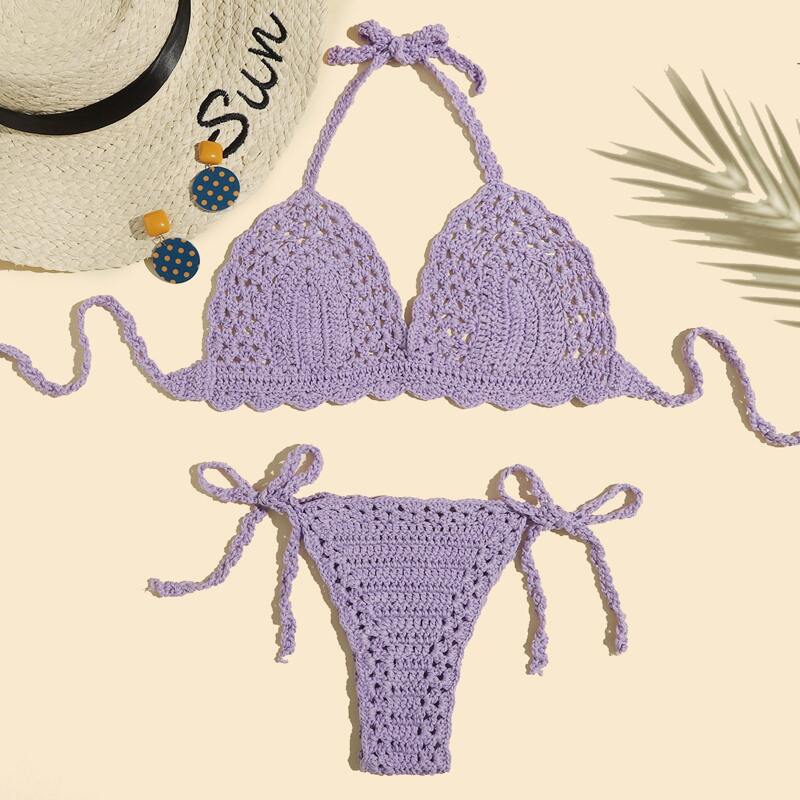 

Crochet Triangle Tie Side Bikini Swimsuit, Lilac purple