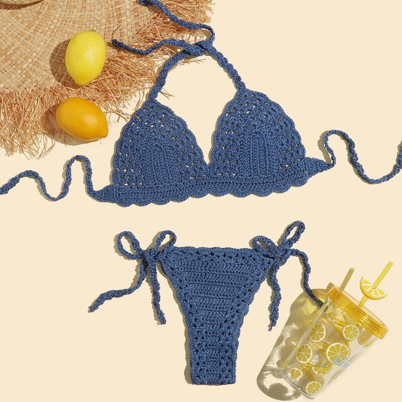 

Crochet Triangle Tie Side Bikini Swimsuit, Navy blue